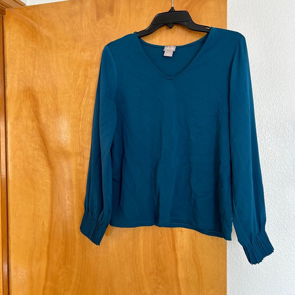 Chicos Blouse Size 1 Large V Neck Long Sleeve Elastic Cuff Stretch Teal